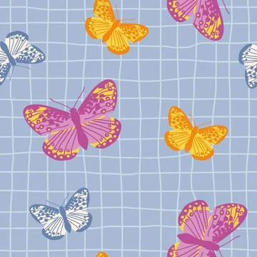 Vector seamless pattern with bright retro butterflies. Hand-drawn texture Stock Illustration