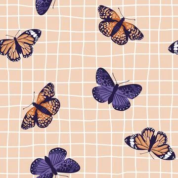 Vector seamless pattern with bright retro butterflies. Hand-drawn texture Stock Illustration