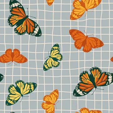 Vector seamless pattern with bright retro butterflies. Hand-drawn texture Stock Illustration