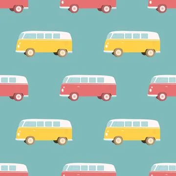 Vector seamless pattern of bright retro buses, vintage colors Stock Illustration