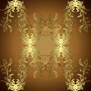 Vector seamless pattern on brown and yellow colors with golden elements. Damask Illustrazione stock