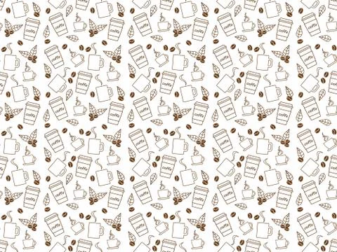 Vector seamless pattern of brown coffee cups, grains and leaves Stock Illustration