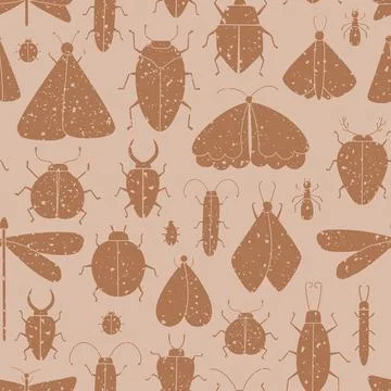Vector seamless pattern with brown grunge insects, moths, bugs, ants, dragonfly Stock Illustration