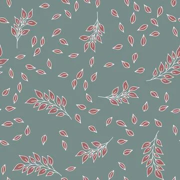 Vector seamless pattern with brown hand drawn branch and leaves on blue backg Stock Illustration