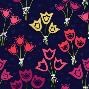 Vector seamless pattern with bunches of tulips on a dark background. Stock Illustration