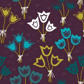 Vector seamless pattern with bunches of tulips on a dark background. Stock Illustration