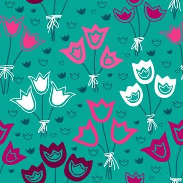 Vector seamless pattern with bunches of tulips on a green background. Stock Illustration