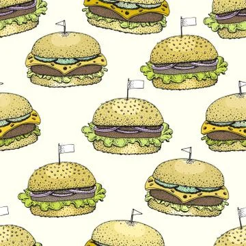 Vector seamless pattern with burgers. Hand drawn vector background. Fast food Stock Illustration