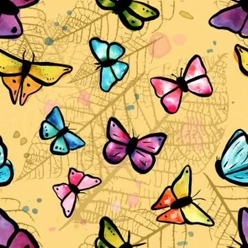 Vector seamless pattern with butterflies and leaves Stock Illustration