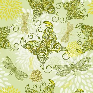 Vector seamless pattern with butterflies, dragonflies, and abstract flowers Stock Illustration