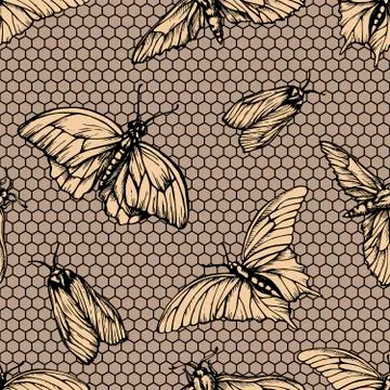 Vector seamless pattern with butterflies on net . Stylish graphic lattice Stock Illustration