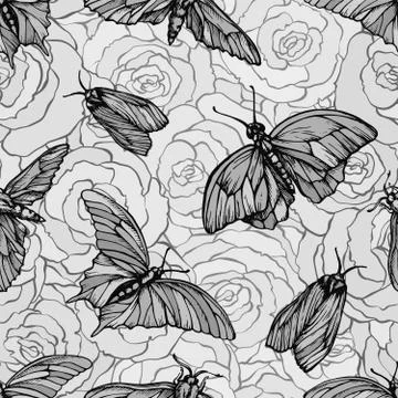 Vector seamless pattern with butterflies on roses. Stylish graphic texture Stock Illustration
