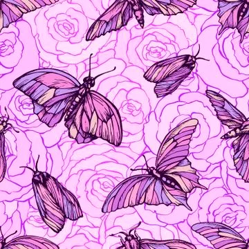 Vector seamless pattern with butterflies in soft pink colors on roses. Stylish Stock Illustration