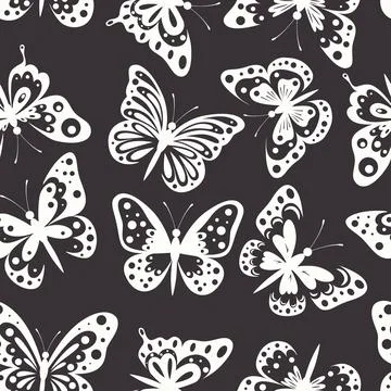 Vector Seamless Pattern with Butterfly. Different White Butterflies on Black Stock Illustration