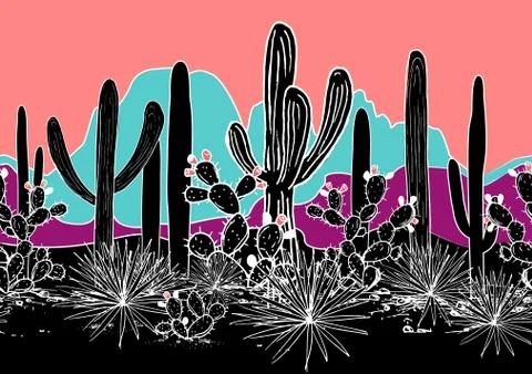 Vector seamless pattern with cacti, and mountains. Wild cactus forest with agave Illustrazione stock