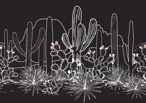 Vector seamless pattern with cacti, and mountains. Wild cactus Mexican forest Stock Illustration