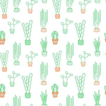 Vector seamless pattern. Cacti in the art line style Stock Illustration