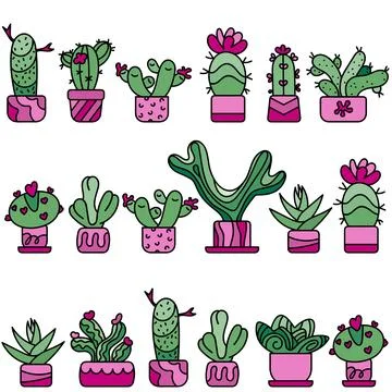 Vector seamless pattern with cacti in a row. Doodle hand draw. Illustrazione stock