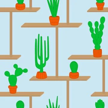Vector seamless pattern. Cacti on the shelves 스톡 일러스트