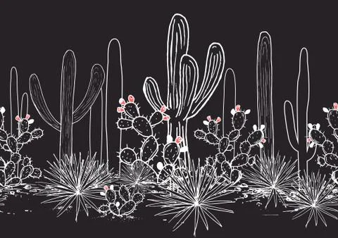 Vector seamless pattern with cacti. Wild cactus Mexican forest with agave Illustrazione stock