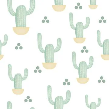 Vector seamless pattern with cactus and circles. Cute green cactus. Vector. Illustrazione stock