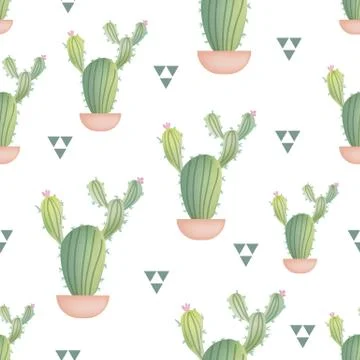 Vector seamless pattern with cactus and triangle. Cute green cactus. Vector. Stock Illustration