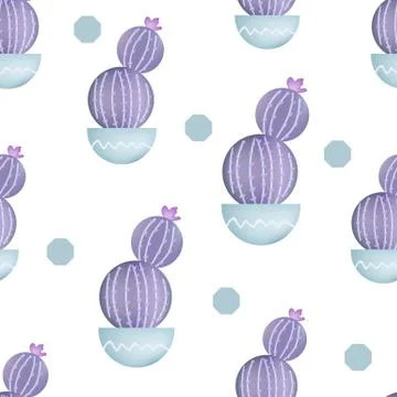 Vector seamless pattern with cactus and circles. Cute violet cactus. Vector. イラスト素材