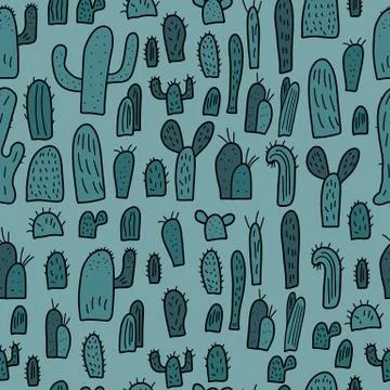 Vector seamless pattern of cactus design set.  Endless background in doodle s Illustrazione stock