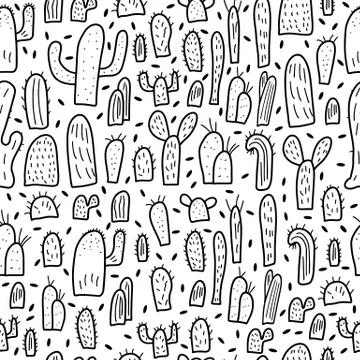 Vector seamless pattern of cactus design set.  Endless background in doodle s Illustrazione stock