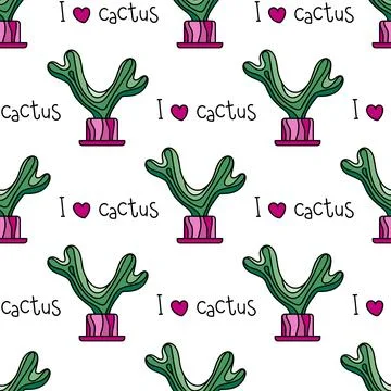 Vector seamless pattern with cactus in a pot. Doodle hand Stock Illustration