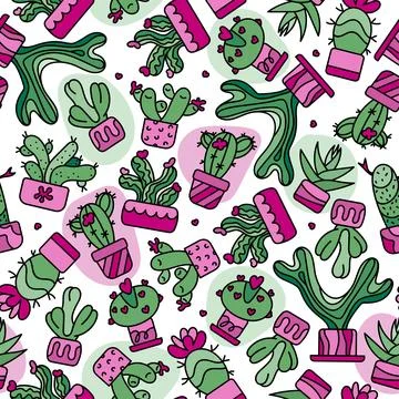 Vector seamless pattern with cactus in pot. Doodle hand draw. Stock Illustration