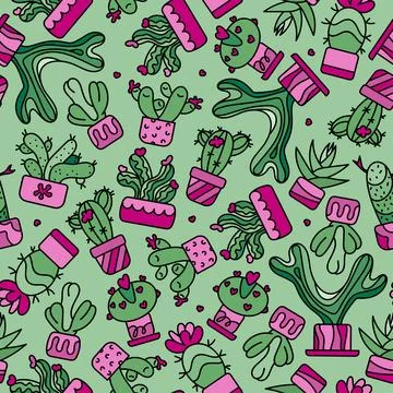 Vector seamless pattern with cactus in pot. Doodle hand draw. Stock Illustration