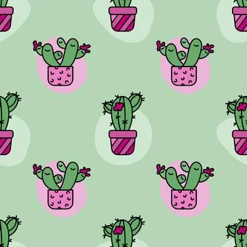 Vector seamless pattern with cactus in a pot. Doodle hand draw. Stock Illustration