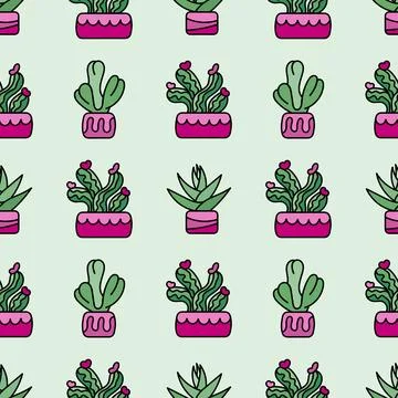 Vector seamless pattern with cactus in a row. Doodle hand draw. Stock Illustration