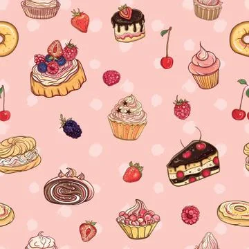 Vector seamless pattern with cakes, pastries Stock Illustration