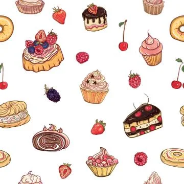 Vector seamless pattern with cakes, pastries Stock Illustration