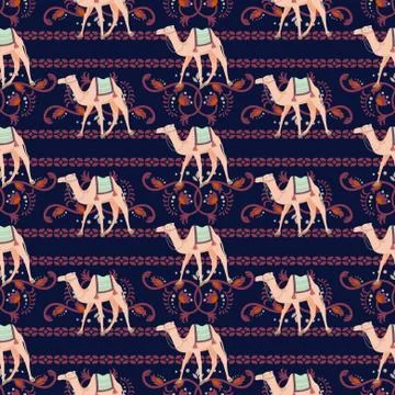 Vector seamless pattern with camels and oriental decorative motifs. Illustrazione stock