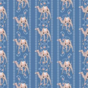 Vector seamless pattern with camels and oriental decorative motifs. 스톡 일러스트