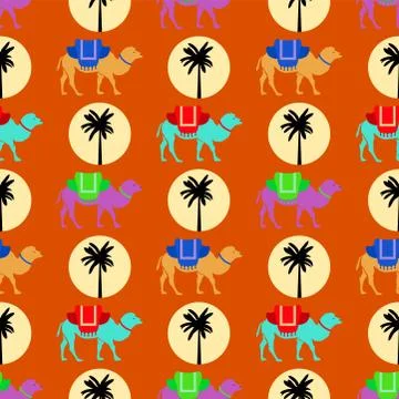 Vector seamless pattern with camels, sun and palm tree Stock Illustration
