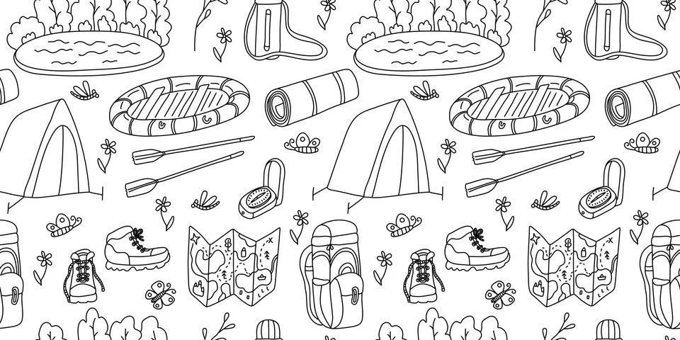 Vector seamless pattern with  camp and travel equipment 스톡 일러스트