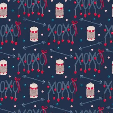Vector seamless pattern with candles, arrows, XOXO lettering on dark Illustrazione stock