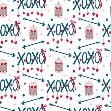 Vector seamless pattern with candles, arrows, XOXO lettering on white Stock Illustration