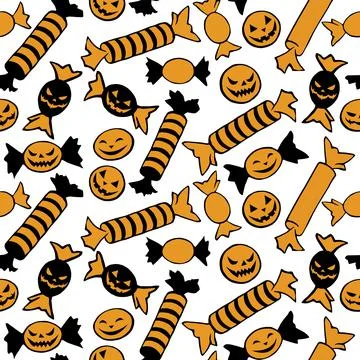 Vector seamless pattern of candy in different wrappers in Halloween style. Tr Stock Illustration