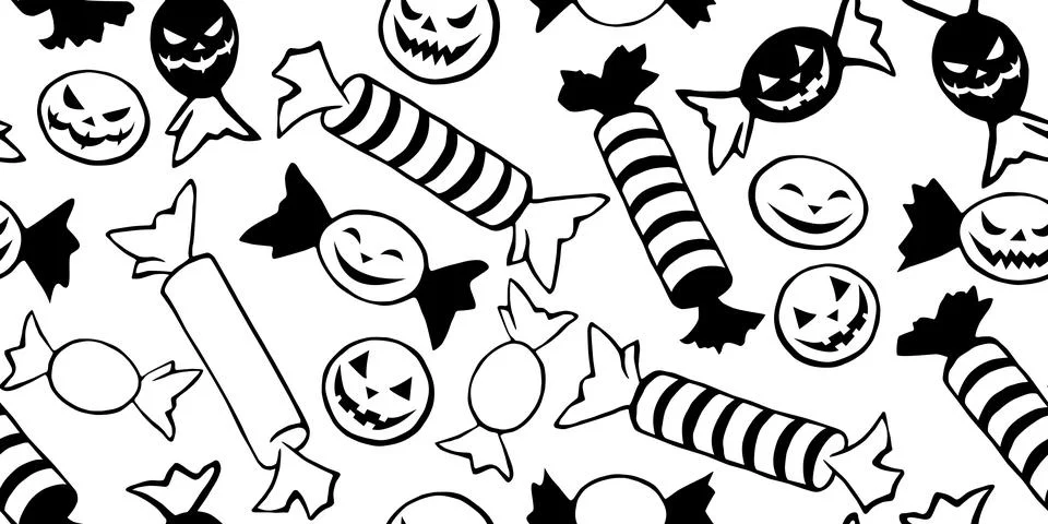 Vector seamless pattern of candy in different wrappers in Halloween style. Tr Stock Illustration