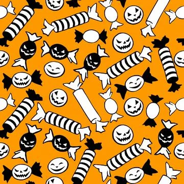 Vector seamless pattern of candy in different wrappers in Halloween style. Tr Stock Illustration
