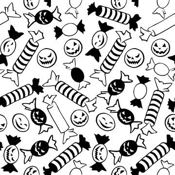 Vector seamless pattern of candy in different wrappers in Halloween style. Tr Stock Illustration
