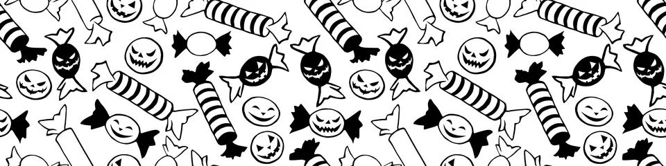 Vector seamless pattern of candy in different wrappers in Halloween style. Tr Illustrazione stock
