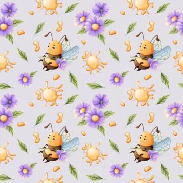 Vector seamless pattern with cartoon bees, honey, flowers on a purple backgro Stock Illustration