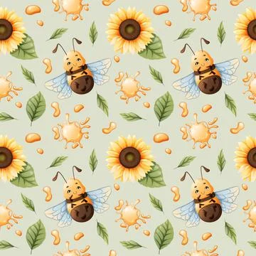 Vector seamless pattern with cartoon bees, honey, sunflowers on a green backg イラスト素材