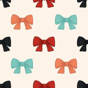 Vector Seamless Pattern with Cartoon Bow Tie or Gift Bow with Outline on White Stock Illustration